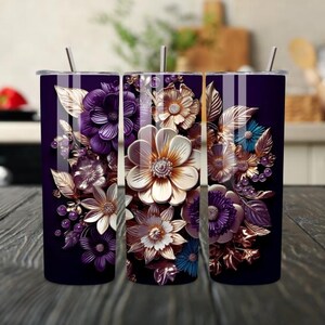 Purple Floral Tumbler | 20oz Stainless Steel Insulated Cup, Purple Floral Tumbler 20oz, Luxury Purple Flower Stainless Steel Tumbler, luxury