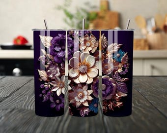 Purple Floral Tumbler | 20oz Stainless Steel Insulated Cup, Purple Floral Tumbler 20oz, Luxury Purple Flower Stainless Steel Tumbler, luxury
