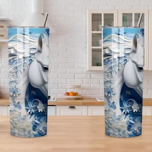 Personalized 3D Horse Tumbler, Embossed Floral Design, 20-Ounce, Blue White Horse Tumbler 20oz, Floral Horse Stainless Steel Tumbler, Horse image 4