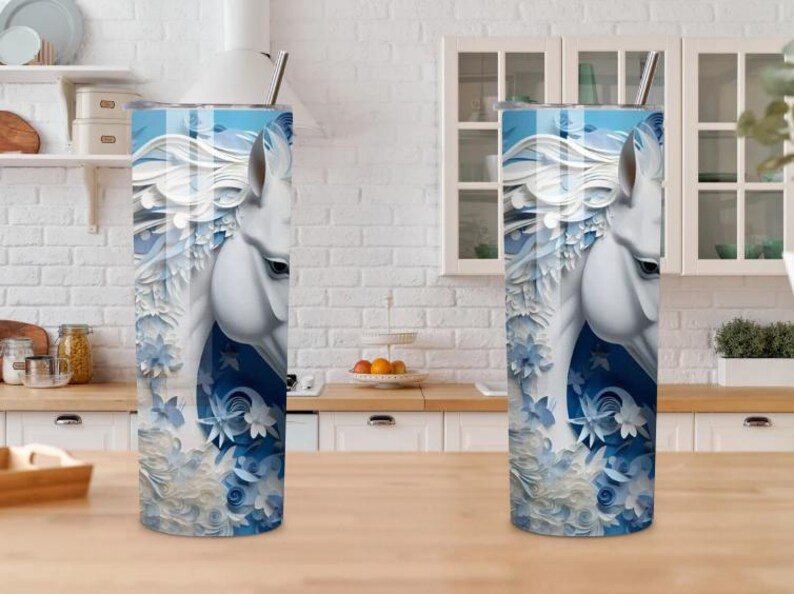 Personalized 3D Horse Tumbler, Embossed Floral Design, 20-Ounce, Blue White Horse Tumbler 20oz, Floral Horse Stainless Steel Tumbler, Horse image 4