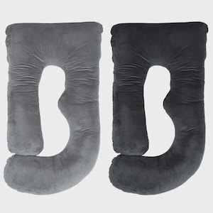 May include: Two U-shaped body pillows in the image. One is a light gray color, and the other is a dark gray color. The pillows are designed to provide support for the entire body. The pillows are made of a soft, plush material.