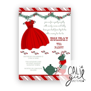 Puede incluir: Una invitación para una fiesta de té navideña con un vestido rojo en una percha, guirnaldas de acebo verde, una tetera y tazas apiladas. El texto dice: join us for a party so jolly with candy-canes and holly, HOLIDAY TEA PARTY.