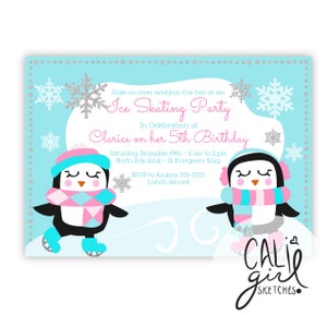 May include: A light blue rectangular invitation card featuring two cartoon penguins wearing colourful winter hats and scarves. The text reads: Slide on over and join the fun at an Ice Skating Party In Celebration of Clarice on her 5th Birthday.