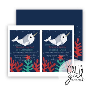 Puede incluir: Dos invitaciones rectangulares id&eacute;nticas sobre un fondo azul oscuro que muestran un narval blanco con un abrigo de invierno gris. El texto dice: join us for some Narwhal-i-day Fun! at a winter carnival. Incluye detalles del evento y coral rojo y verde.