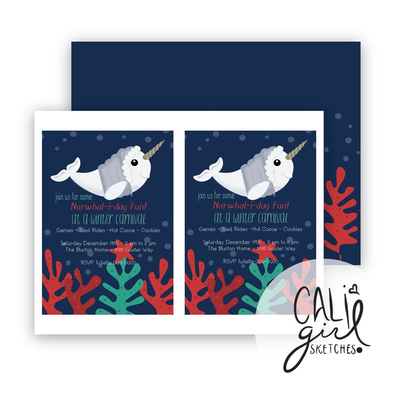 Puede incluir: Dos invitaciones rectangulares id&eacute;nticas sobre un fondo azul oscuro que muestran un narval blanco con un abrigo de invierno gris. El texto dice: join us for some Narwhal-i-day Fun! at a winter carnival. Incluye detalles del evento y coral rojo y verde.