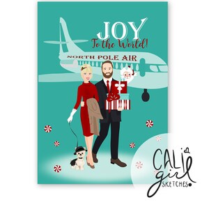 Puede incluir: Una ilustración digital sobre fondo verde azulado con un avión etiquetado NORTH POLE AIR y el texto JOY To the World! Una persona con vestido rojo y otra con traje sostienen regalos, junto a un perro pequeño con sombrero y caramelos.
