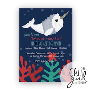 Puede incluir: Una tarjeta de invitaci&oacute;n azul oscuro con un narval blanco que lleva un chaleco acolchado gris y un cuerno en espiral. El texto dice: join us for some Narwhal-i-day Fun! at a winter carnival, Games, Sled Rides, Hot Cocoa, Cookies, Saturday December 17th.