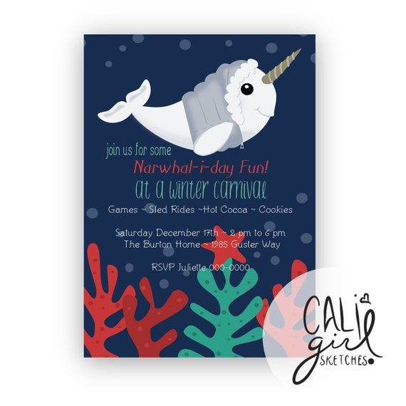 Narwhal Winter Party Invitation, Narwhal Stationery, Editable in Adobe Reader or I can fill it out for you