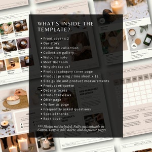 May include: A digital template for an Etsy shop, featuring a light brown background with a white text box that says "What's Inside the Template?" and lists the different pages included in the template. The template includes a front cover, about the collection, collection gallery, welcome note, meet the team, why choose us, product category cover page, product pricing, size guide, product etiquette, order process, product reviews, offer page, follow us page, frequently asked questions, special thanks, and back cover. The template is fully customizable in Canva.