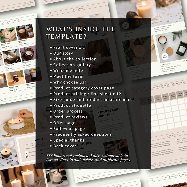 May include: A digital template for an Etsy shop, featuring a light brown background with a white text box that says "What's Inside the Template?" and lists the different pages included in the template. The template includes a front cover, about the collection, collection gallery, welcome note, meet the team, why choose us, product category cover page, product pricing, size guide, product etiquette, order process, product reviews, offer page, follow us page, frequently asked questions, special thanks, and back cover. The template is fully customizable in Canva.