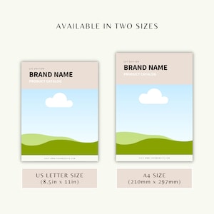 May include: Two mockups of a product catalog cover with a green and blue landscape design. The text "1st Edition" and "Brand Name" are at the top of the cover. The text "Product Catalog" is below the brand name. The text "Visit www.yourwebsite.com" is at the bottom of the cover. The cover is available in two sizes: US Letter (8.5in x 11in) and A4 (210mm x 297mm).