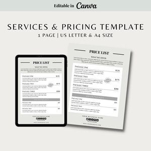 May include: A digital services and pricing template displayed on a tablet and a printed page. The template includes sections for "Price List" and "What We Offer," with package details and pricing. The design is in black and white.