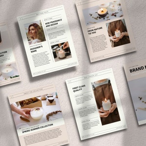 May include: A collection of candle product mockups with text about the brand and its products. The text includes "New Fragrance and Design", "From Nature to You", "First Class Quality", and "Spring-Summer Collection".