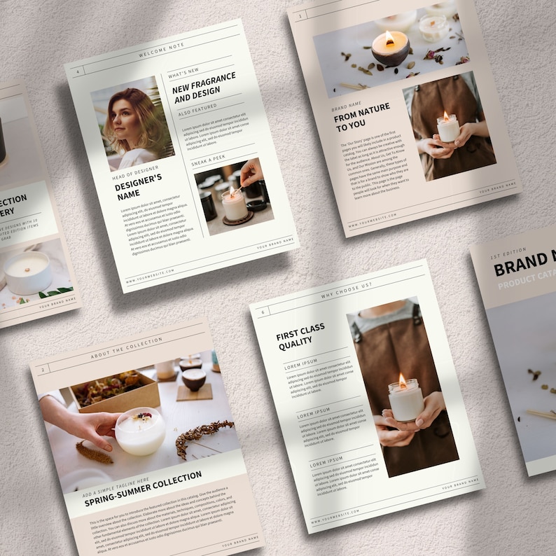 May include: A collection of candle product mockups with text about the brand and its products. The text includes "New Fragrance and Design", "From Nature to You", "First Class Quality", and "Spring-Summer Collection".