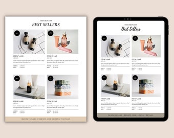 May include: A line sheet template for a business selling beauty products. The template features a grid of four product images with text boxes for the product name, SKU, price, and a brief description. The template is designed for use with the Canva design platform. The text "This Month's Best Sellers" is at the top of the template.