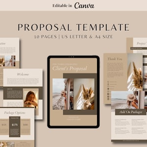 Puede incluir: Una plantilla de propuesta digital que se muestra en una tableta, con páginas adjuntas. La plantilla presenta una paleta de colores neutros con el texto "PROPOSAL TEMPLATE" y "Client's Proposal". El diseño incluye imágenes y cuadros de texto.