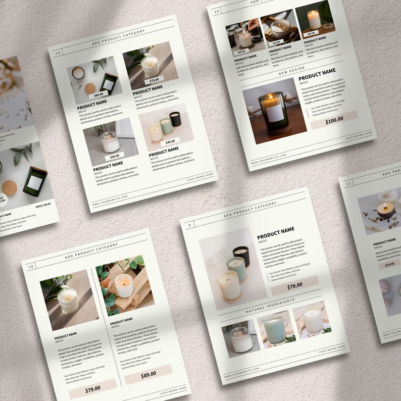 May include: A product catalog page for candles with different scents and designs. The page features images of the candles, product names, descriptions, and prices. The candles are in various colors and sizes, including clear glass jars with a white lid, a green glass jar with a white lid, and a white ceramic jar with a white lid. The page also includes a section on natural ingredients.