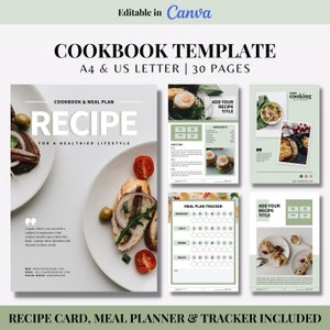 Modèle de livre de recettes Modèle de livre de recettes Livre de recettes numérique | Modèle imprimable sur toile Carte de recette, planificateur de repas et suivi de plan de repas