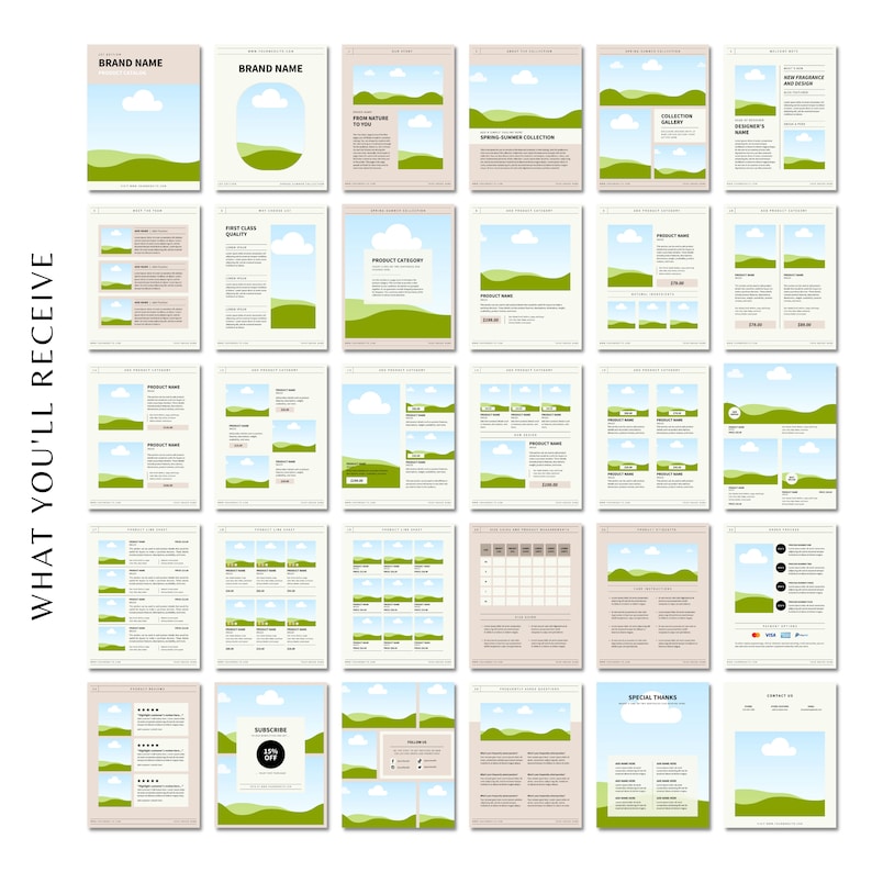 May include: A set of 25 customizable Etsy shop banner templates featuring a green and blue landscape with clouds. The templates include a variety of layouts for product listings, sales announcements, and more.