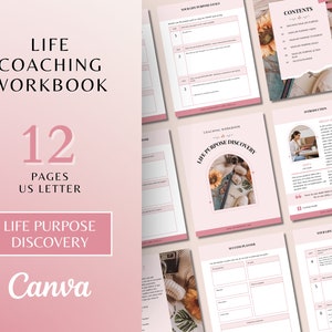 May include: A pink and white printable workbook with the title "Life Coaching Workbook" and the subtitle "Life Purpose Discovery". The workbook has 12 pages and is US Letter size. The cover features a floral design with a camera and a book.