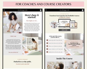 Könnte beinhalten: Eine Canva-Verkaufsseitenvorlage für Coaches und Kursentwickler. Das Design zeigt ein hellrosa und beiges Farbschema mit Text und Bildern. Der Text enthält "Transformieren Sie Ihr Fachwissen in profitable Kurse" und "Verpackt in einem 30-Tage-Leitfaden".