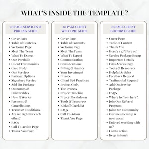 Puede incluir: Un gr&aacute;fico con el texto "What's Inside The Template?" y tres columnas tituladas "20 Page Services & Pricing Guide", "20 Page Client Welcome Guide" y "20 Page Client Goodbye Guide". Cada columna enumera vi&ntilde;etas de lo que se incluye en cada plantilla.