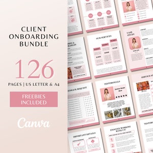 May include: A pink and white client onboarding bundle with 126 pages, US letter and A4 size. The bundle includes freebies and is designed for Canva. The text "Let's work together" is featured on several pages.