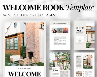 Könnte beinhalten: Eine Willkommensbuchvorlage mit modernem Bauernhaus-Stil. Das Cover zeigt einen gemauerten Kamin und eine Terrasse mit Stühlen. Der Text "WELCOME" ist fett und schwarz. Die Vorlage enthält Seiten für lokale Aktivitäten, Informationen zum Haus-WLAN und wichtige Informationen.