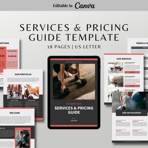 Peut inclure: Un modèle numérique de guide des services et des prix pour une entreprise de remise en forme. Le modèle est conçu dans un schéma de couleurs noir et rouge et présente des images de personnes faisant de l'exercice. Le texte sur le modèle comprend les mots "Services & Prix Guide", "Notre Portfolio", "Bienvenue", "À propos de moi", "Nos Services", "Ajouter des forfaits", et "Conditions générales".