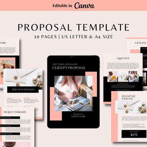 Peut inclure: Un modèle de proposition au design moderne. Il présente une tablette noire affichant une mise en page de proposition, entourée d'autres pages. Le texte comprend "Proposal Template", "10 Pages" et "US Letter & A4 Size".