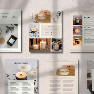 May include: A page from a product catalog featuring candles in various colors and styles. The page includes product descriptions, care instructions, and customer reviews. The text on the page includes the words "Follow Us", "Product Reviews", "Product Etiquette", and "Care Instructions".