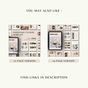 May include: Two digital mockups of candle product catalogs. The first mockup is a 22-page wholesale catalog template, editable in Canva. The second mockup is a 14-page brand name product catalog. Both mockups feature a candle on a wooden surface with dried flowers.