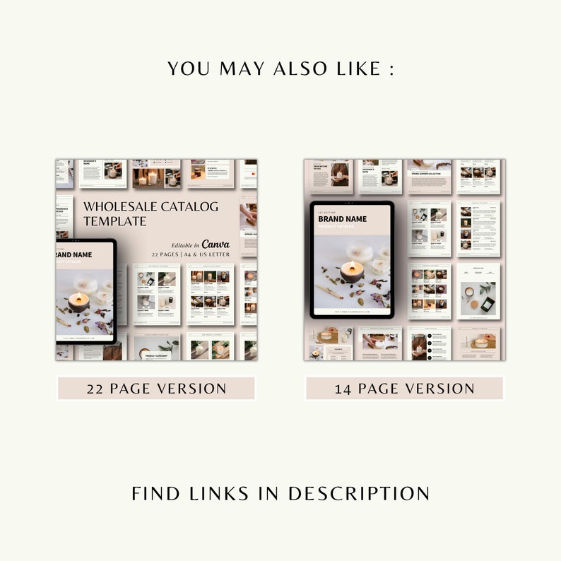 May include: Two digital mockups of candle product catalogs. The first mockup is a 22-page wholesale catalog template, editable in Canva. The second mockup is a 14-page brand name product catalog. Both mockups feature a candle on a wooden surface with dried flowers.