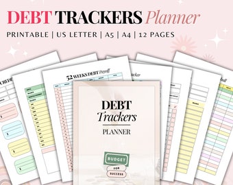 May include: A printable debt tracker planner with 12 pages. The cover features a pink background with a white title "DEBT TRACKERS PLANNER" and a green rectangle with the text "BUDGET FOR SUCCESS".