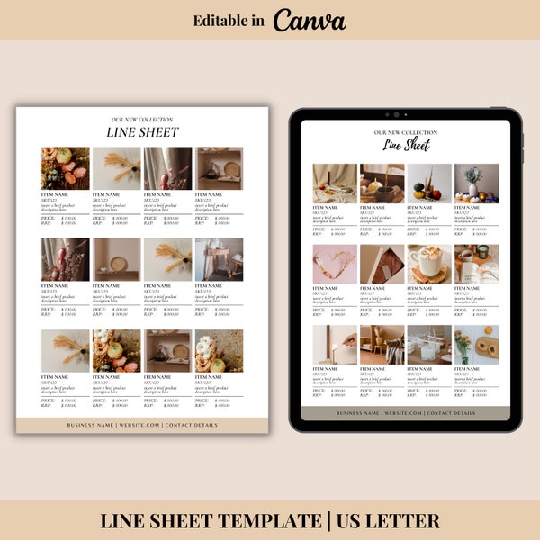 Line Sheet for Wholesale | Product Catalog Template | Product Price List Template | 1 Page Line Sheet Template | Editable Canva Template