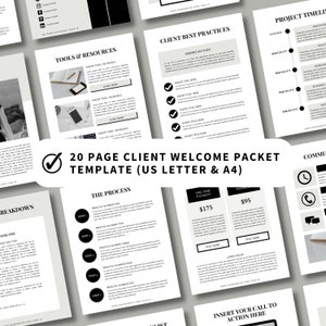 Puede incluir: Una plantilla de paquete de bienvenida para clientes de 20 p&aacute;ginas en blanco y negro con una marca de verificaci&oacute;n y el texto "20 Page Client Welcome Packet Template (US Letter & A4)". La plantilla incluye secciones para herramientas y recursos, mejores pr&aacute;cticas para clientes, cronograma del proyecto, el proceso, pago &uacute;nico y una llamada a la acci&oacute;n.