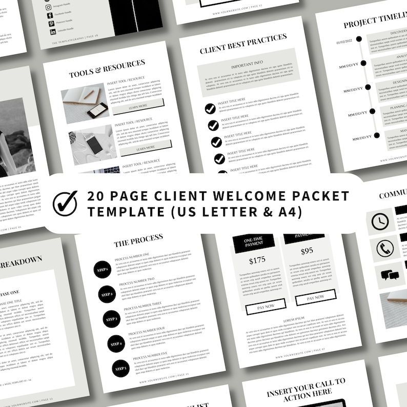 Puede incluir: Una plantilla de paquete de bienvenida para clientes de 20 p&aacute;ginas en blanco y negro con una marca de verificaci&oacute;n y el texto "20 Page Client Welcome Packet Template (US Letter & A4)". La plantilla incluye secciones para herramientas y recursos, mejores pr&aacute;cticas para clientes, cronograma del proyecto, el proceso, pago &uacute;nico y una llamada a la acci&oacute;n.