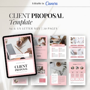 May include: A pink and white client proposal template with the text "CLIENT PROPOSAL Template" in a bold black font. The template is designed for A4 and US letter size and includes 20 pages. The template features images of a laptop, a notebook, and a cup of coffee.
