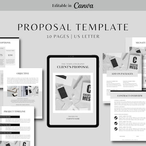 May include: A proposal template with a minimalist design, featuring a tablet displaying a client's proposal. The layout includes various pages with headings like 'Objective' and 'Project Timeline'. The text 'Editable in Canva' is visible.