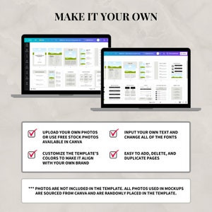 Puede incluir: Dos pantallas de computadora port&aacute;til que muestran una plantilla digital para una gu&iacute;a de servicios y precios. La plantilla es personalizable con tus propias fotos, texto y fuentes. El texto en la pantalla dice "Hazlo tuyo".