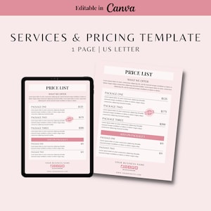 May include: A digital services and pricing template displayed on a tablet and a printed page. The template features a pink and white design with the text "PRICE LIST" and various package options. The text "Editable in Canva" is at the top.