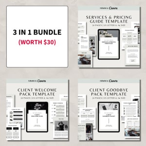 Puede incluir: Un paquete de productos digitales para empresas, que incluye un paquete de bienvenida para clientes, un paquete de despedida para clientes y una plantilla de gu&iacute;a de servicios y precios. Cada plantilla es editable en Canva e incluye 20 p&aacute;ginas en tama&ntilde;o carta de EE. UU. y A4.