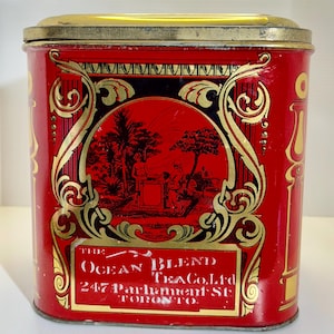 Vintage Ocean Blend Tea Tin by The Ocean Tea Co Ltd Red Gold Design Hinged Lid Rare collectible