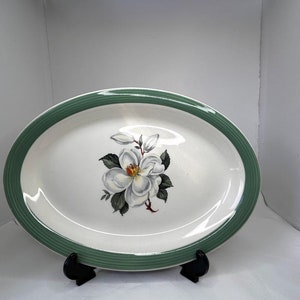 Wood & Sons Ringwood Ware Oval Platter with White Magnolia Flower and Green Rim, England excellent condition.