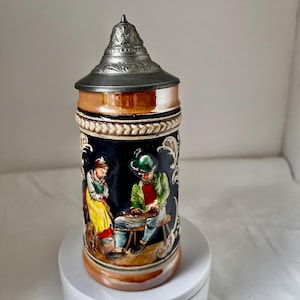 Vintage German Beer Stein: Pewter Lid, Bavarian Scene