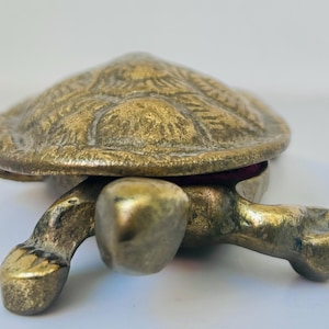 Vintage Brass Turtle Trinket Box Red velvet lined Mid Century Animal Jewelry Holder
