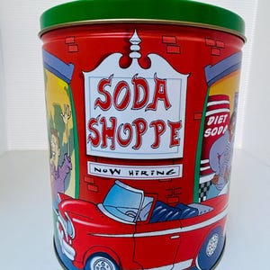 Vintage 1990s Trail&#39;s End Popcorn Tin Empty Retro Soda Shop Diner Theme Metal Storage Canister Collectible
