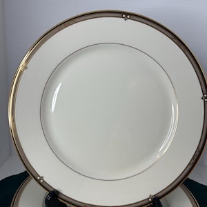 Vintage Mikasa Ebony Circle Dinner Plates Set of 4 - 10.5&quot; Fine China Black Gray Gold Rings Collectible Tableware 1999-2001