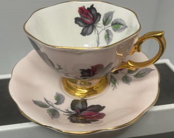 Royal Albert Bone China Teacup and Saucer, Pastel Pink Floral, Gold Detail
