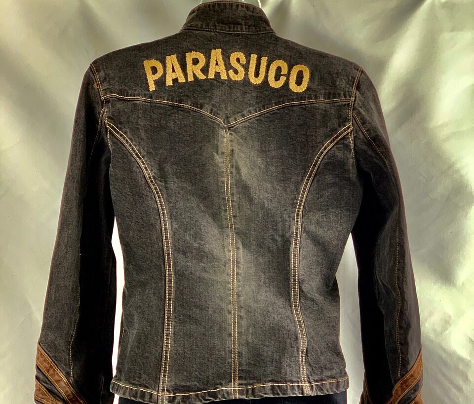 SIZE S Parasuco Denim Jacket Ladies Black Jacket biker Style Embroidered Denim Jacket Zipper Jean Jacket Arrow Stripes on Sleeves Etsy